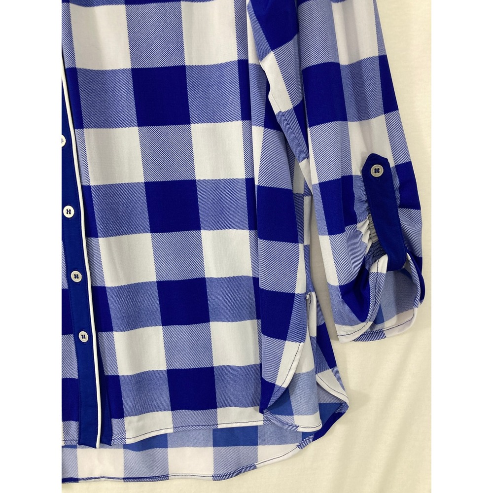 Nygard Button Front Blouse XL Blue Buffalo Plaid Ultra Soft Comfy Stretch Preppy - Picture 3 of 8